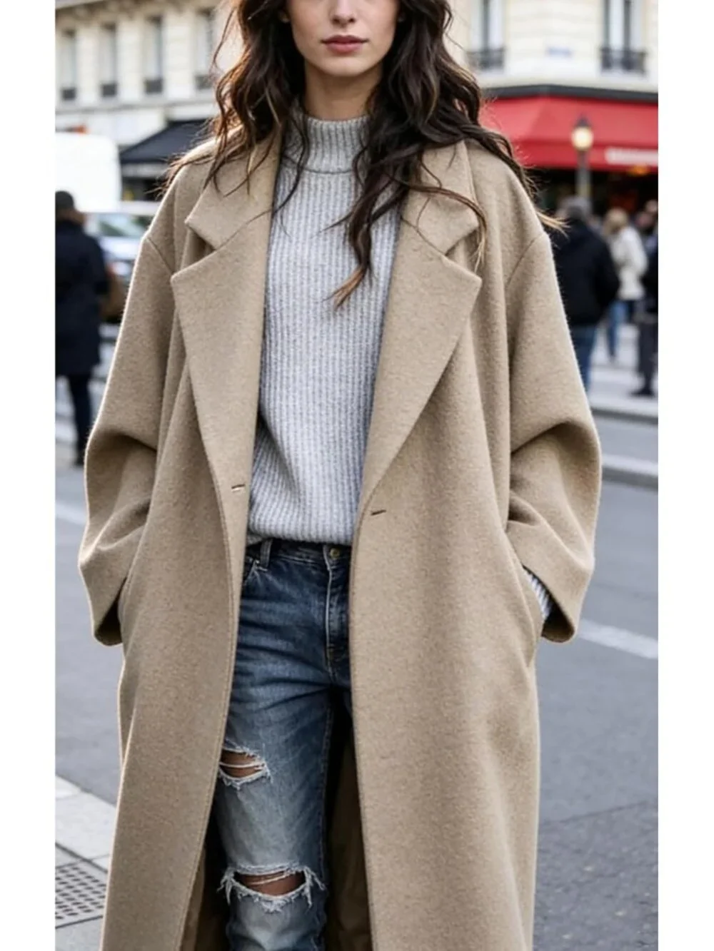 Women's Khaki Notched Collar Wool Blend Single Breast Midi Long Trench Coat